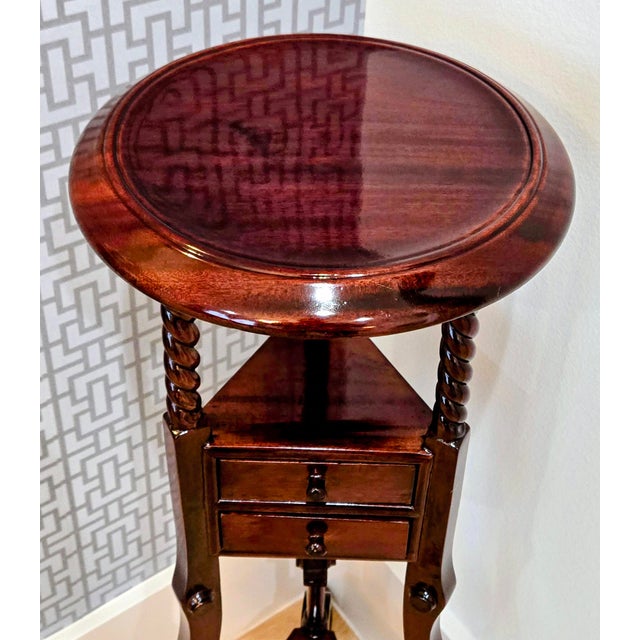 Mid 20th Century Mid 20th Century Georgian-Style Mahogany Plant Stand With Barley Twist Legs, 2 Drawers & Undershelf For Sale - Image 5 of 12