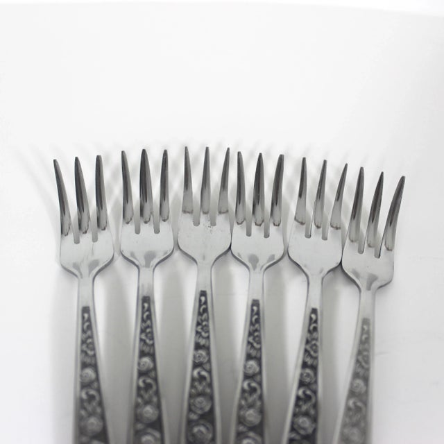 Set of 6 Stainless Steel short cocktail forks by National Stainless Japan in the Antigua pattern from the sixties. Classic...