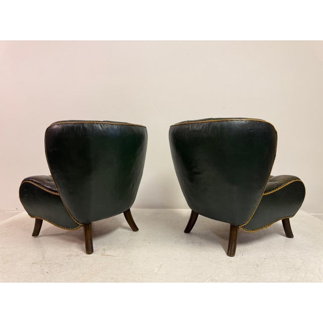 Danish Lounge Slipper Chairs in Green Patinated Leather, 1940s, Set of 2 For Sale - Image 11 of 18