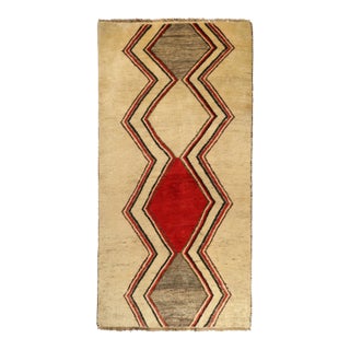 1950s Vintage Gabbeh Tribal Runner in Beige With Grey, Red, Black Chevron Patterns For Sale