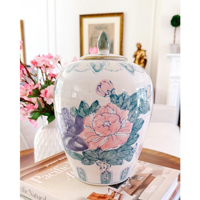 Ceramic Vintage Chinese Hand-Painted Polychrome Floral Porcelain Ginger Jar With Lid For Sale - Image 7 of 7
