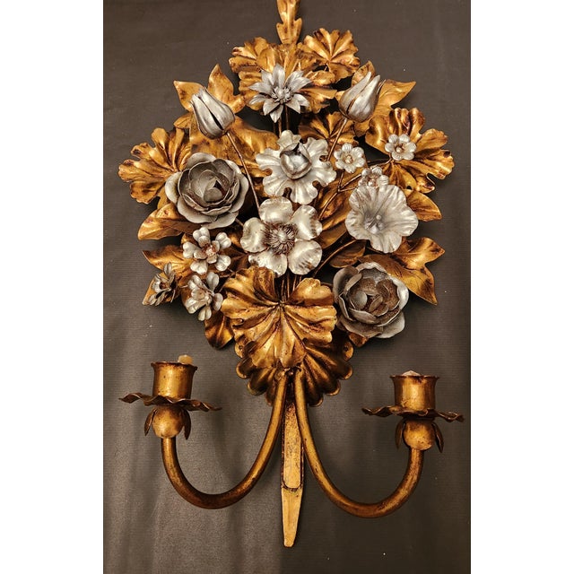 Modern Hand-Forged Gold-Plated and Silver-Plated Candle Wall Lamps by S. Salvadori, Italy, 1950s, Set of 2 For Sale - Image 3 of 18