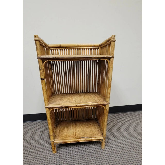 Mid-Century Bohemian Split Bamboo Rattan Wicker Low Bookcase Etagere For Sale - Image 10 of 13