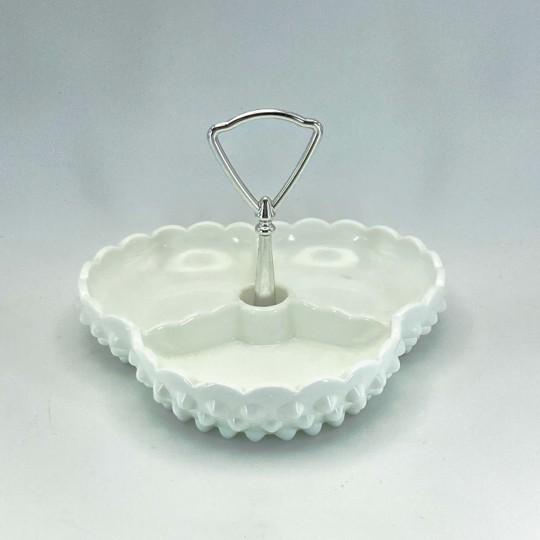 Bright white Fenton hobnail milk glass 3-part divided relish, candy or nut dish with a center metal handle. This is white...