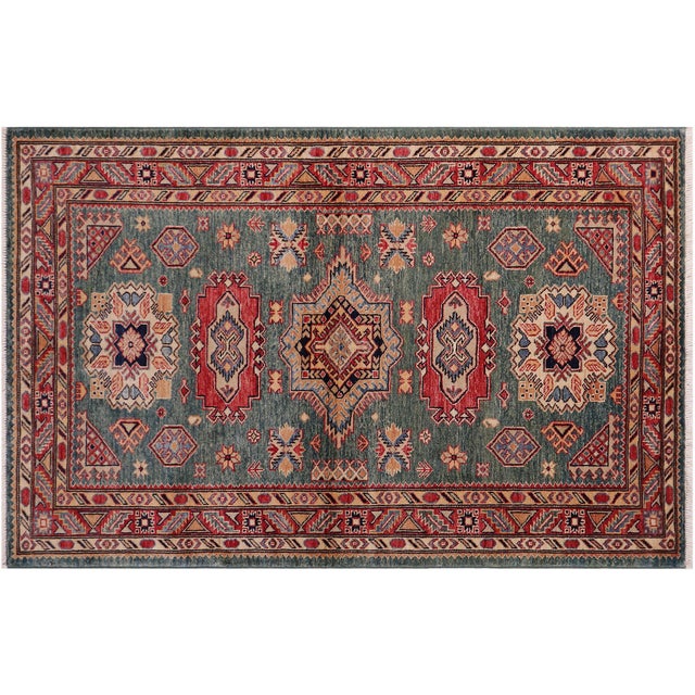 Red Southwestern Super Kazak Green/Red Wool Rug - 4'2'' X 5'11'' For Sale - Image 8 of 10