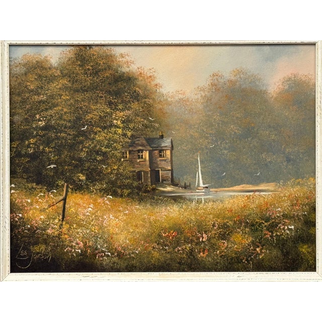 Serene Countryside Landscape with Sailboat & Wild Flowers in English Countryside 1980 Circa For Sale - Image 15 of 18