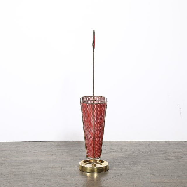 1950s Mid-Century Modernist Sculptural Brass & Carnelian Red Enamel Umbrella Stand For Sale - Image 5 of 18
