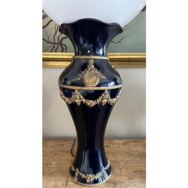 Antique 19th Century Large Sevres Vase Globe Table Lamp, Ormolu Jules Prosper Legastelois Decorated With Gilt Bronze Cupids & Garlands For Sale In San Diego - Image 6 of 13