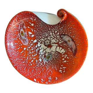 Vintage Midcentury Barbini Murano Style Red Silver Flecks Italian Art Glass Bowl Ashtray For Sale