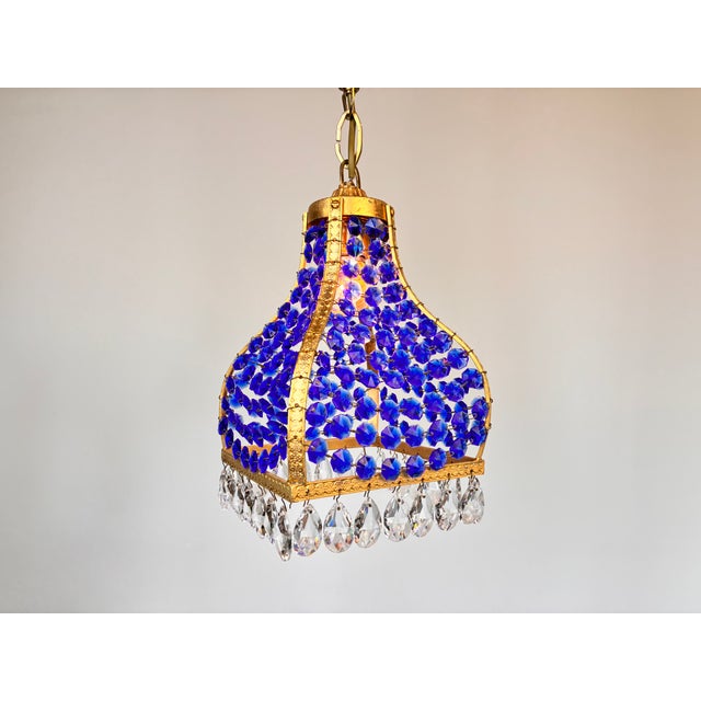 Pair Match 1960s Turkish Mosque Chandelier – Blue Crystal Brass Mid-Century Lighting For Sale - Image 13 of 13