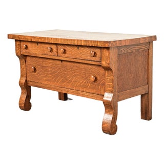 Antique American Empire Carved Tiger Oak Lowboy Dresser, Circa 1900 For Sale