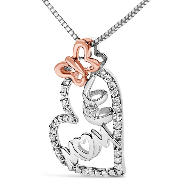 Contemporary Two Tone .925 Sterling Silver 1/5 cttw Diamond "Mom" and Heart Pendant Necklace (H-I, I1-I2) For Sale - Image 3 of 5