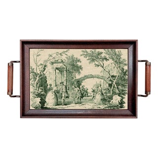 Green Toile De Jouy Wood and Glass Tray, Antique Style, Small For Sale
