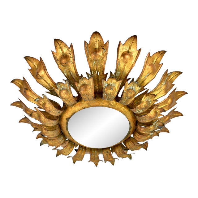 1950s Mid Century Gilded Spanish Sunburst Flush Mount With Green Patina For Sale