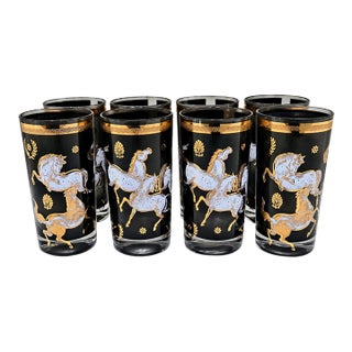 Vintage Culver-Attributed "Ming" Wild Horses Smoke Glass Highballs, Set of 8 For Sale