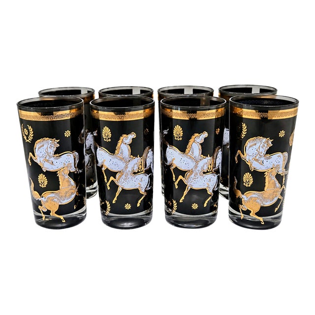 Vintage Culver-Attributed "Ming" Wild Horses Smoke Glass Highballs, Set of 8 For Sale