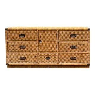 Bilecky Inspired Wicker & Brass Campaign Style Chest / Credenza / Dresser For Sale