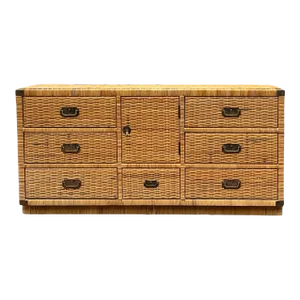 Bilecky Inspired Wicker & Brass Campaign Style Chest / Credenza / Dresser