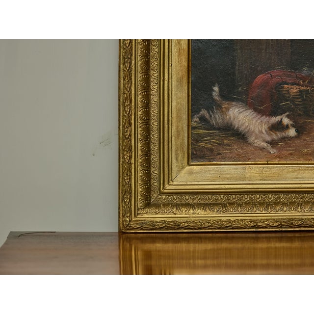 J. Langlois Oil on Board Dog Painting of a Terrier Chasing a Mouse in Gilt Frame For Sale - Image 9 of 12