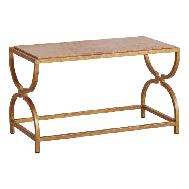 Italian Pink Marble + Brass Coffee Table, 1960s For Sale