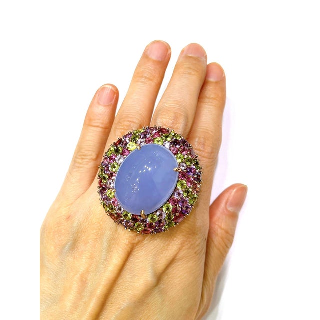 Late 20th Century Bochic “Orient” Vintage Chalcedony & Multi Gem Cocktail Ring - 18K Gold & Silver For Sale - Image 5 of 7