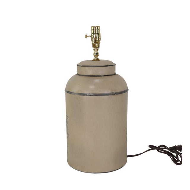 Metal Vintage English Export Tea Caddy Hand-Painted Chinoiserie Figurines Table Lamp For Sale - Image 7 of 9