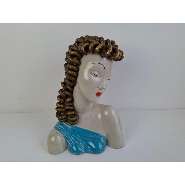 Art Deco Ceramic Bust of a Woman with Gilded Curled Hair, Czechoslovakia, 1930s For Sale - Image 10 of 18