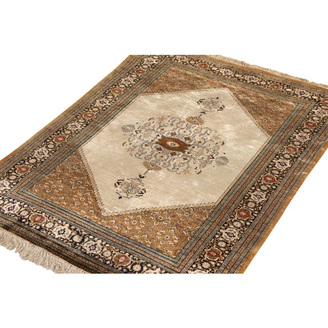 Traditional Hand-Knotted Vintage Persian Qum Rug in Beige-Brown Medallion Pattern For Sale - Image 3 of 7