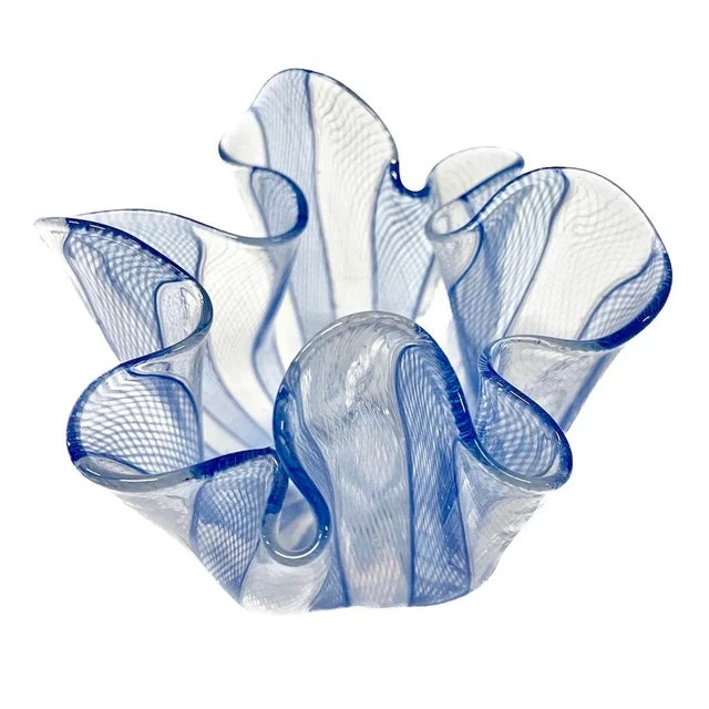 Abstract Vintage Venini Blue and White Murano Glass Vase For Sale - Image 3 of 7