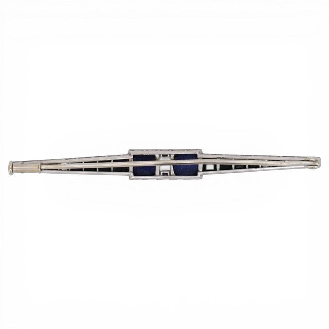 Art Deco Platinum Bar Brooch - Lapis Lazuli, Onyx & Diamonds - Circa 1920 For Sale - Image 4 of 6