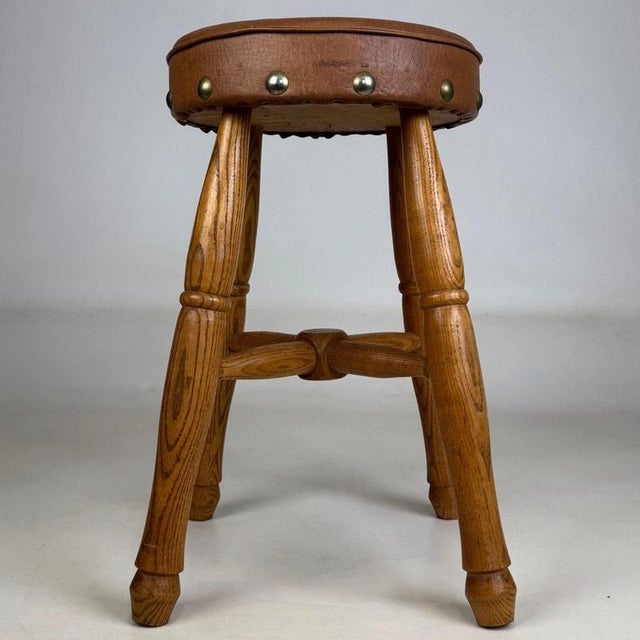 Brown Antique Oak Upholstered Stool, 1800s For Sale - Image 8 of 11