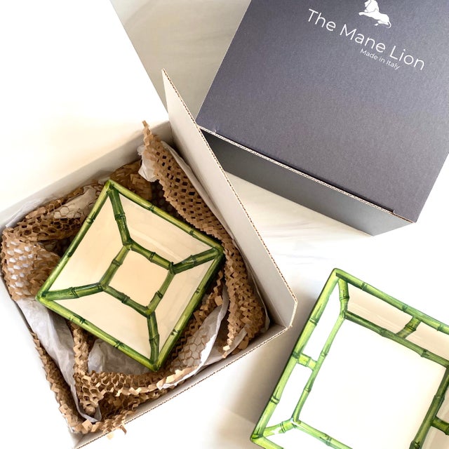 A ceramic dip cup hand-painted in Italy to resemble woven bamboo fretwork, with visible brushstrokes rather than a printed...