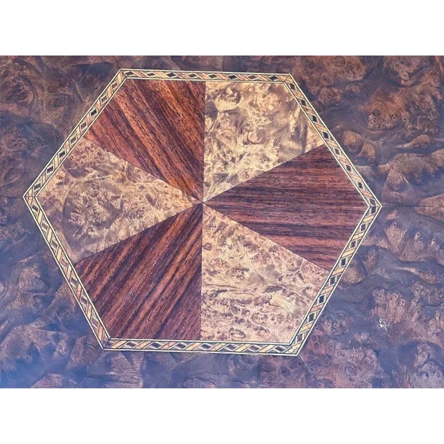 Antique Walnut and Burlwood Inlaid Octagon Side Table With Glass Tray Top. Circa 1920. For Sale - Image 4 of 11