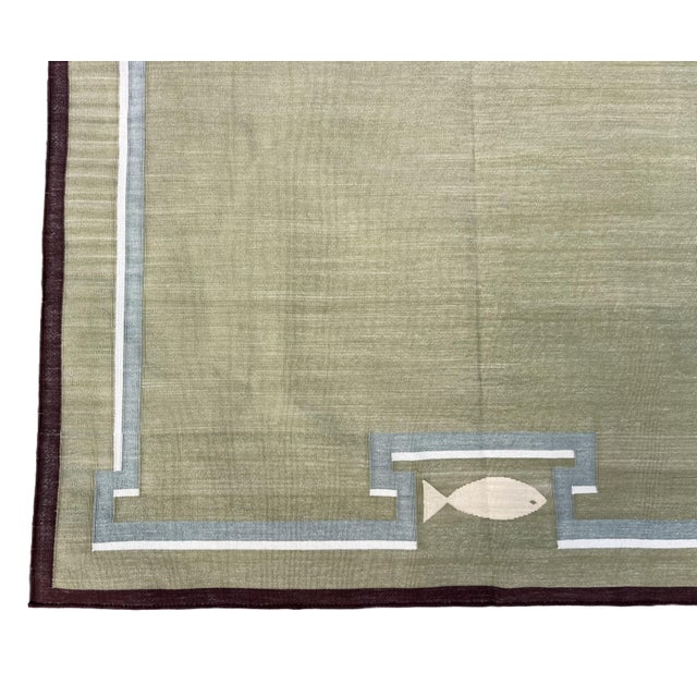 Handmade Cotton Dhurrie Runner, Olive Green and Wine Border Fish Patterned Runner Rug- 4'x10' For Sale - Image 10 of 12