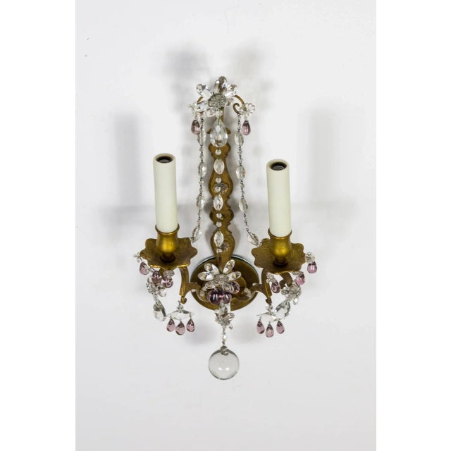 Metal Gilt Maison Bagues Style Amethyst Crystal Sconces, Pair For Sale - Image 7 of 12