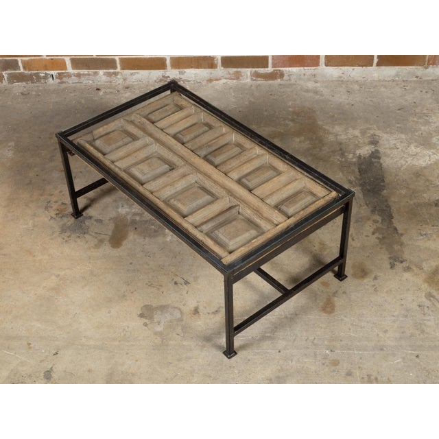 Contemporary Coffee Table Made with Antique Door Fragment on Custom Iron Base For Sale - Image 11 of 12