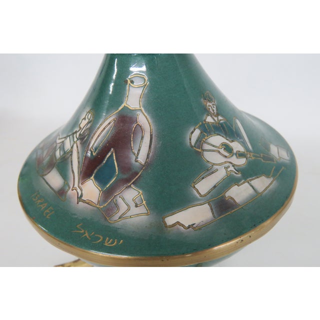Metal Mid Century Green Enameled Brass Tripod Vase Made in Israel Figural Motif 5002b For Sale - Image 7 of 14