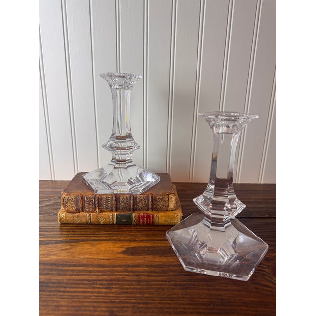 Val Saint-Lambert Val Saint-Lambert Signed Belgian Crystal Candlesticks, Pair, 7" Tall, Late 20th Century For Sale - Image 4 of 5
