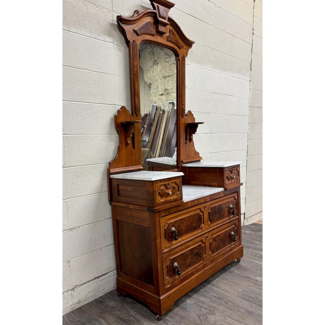 Victorian Antique American Renaissance Victorian Eastlake Marble Top Dresser Chest Vanity For Sale - Image 3 of 18