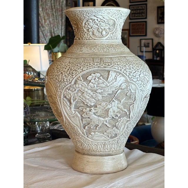 Off-white Vintage Chalkware Vase or Vessel in Deep Relief With Traditional Chinese Imagery For Sale - Image 8 of 9