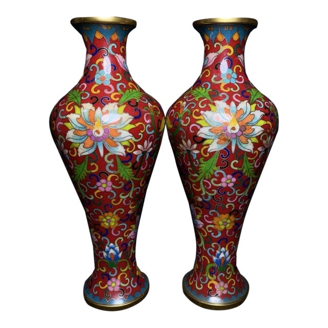 Late 19th Century Pair of Cloisonné Enamel Floral Vases in Presentation Box For Sale
