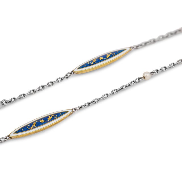 Metal Early 20th Century French Belle Époque Guilloché Enamel Pocket Watch 18k Gold Necklace For Sale - Image 7 of 8