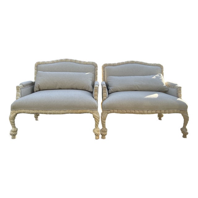 Late 20th Century Pair Twisted Rope Wood Carved Arm Chairs For Sale