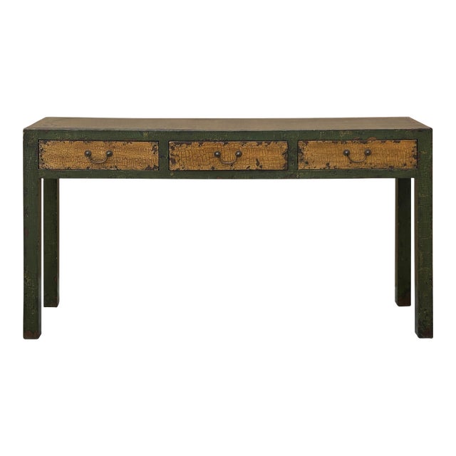 Vintage Rustic Fabric Grass Green Lacquer 3 Drawers Console Table For Sale