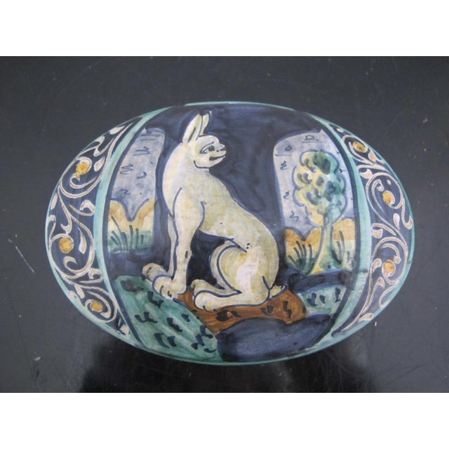 Castelli Italian Majolica pottery box with lid. Small oval trinket box hand painted in blue, green, and yellow with rabbit...