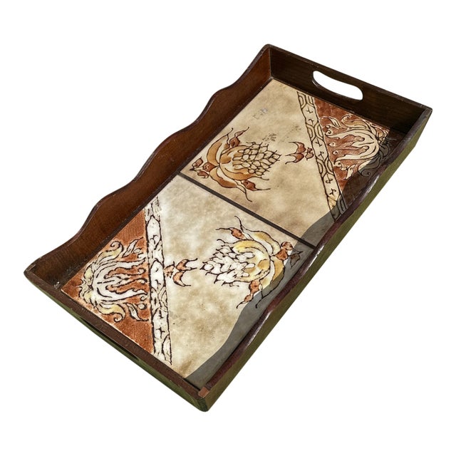 1970s Wooden and Tile Italian Style Decorative Tray For Sale