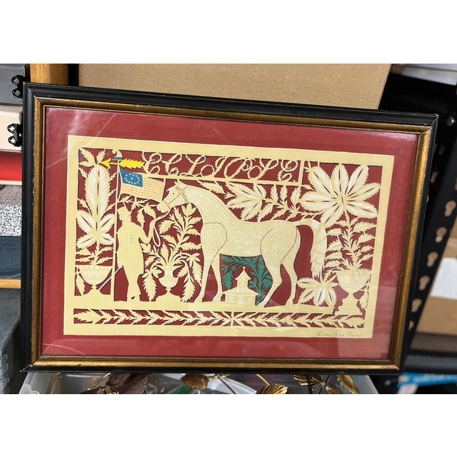 Original print of cut paper design by noted artist Allen Saalburg. Eclipse illustrates a gorgeous thoroughbred horse held...