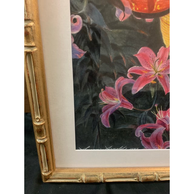 Chinoiserie 1990s Susan Arnold Signed Original Watercolor Painting Chinoiserie Lilies and Glowing Paper Lanterns in Faux Bamboo Frame For Sale - Image 3 of 6