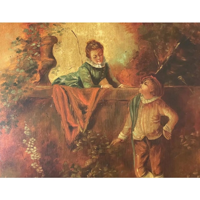 19th Century Antique 19th Century Original Boy Girl Landscape Oil Painting Wood Badge Panel For Sale - Image 5 of 14