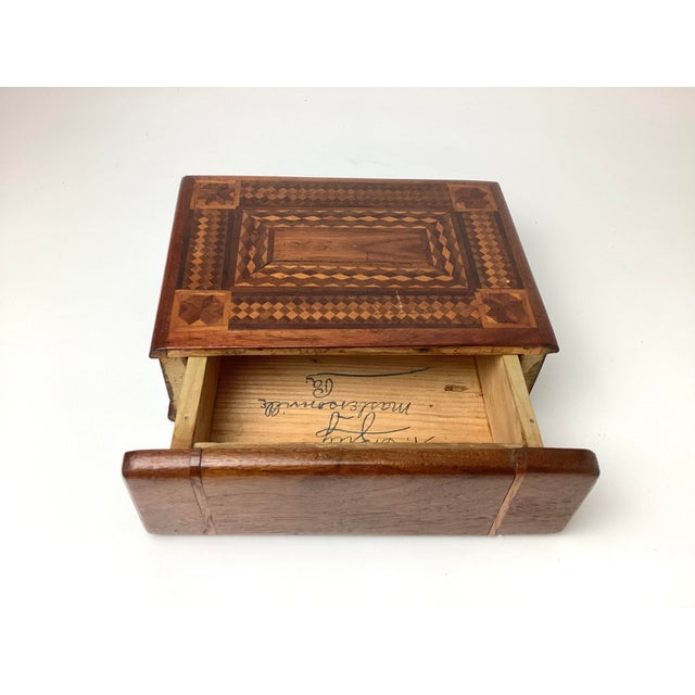 Antique Folk Art Tramp Art Marquetry Wood Book Box Signed in the draw. 9 1/2 inches wide by 7 1/2“ x 3“. Wonderful old...